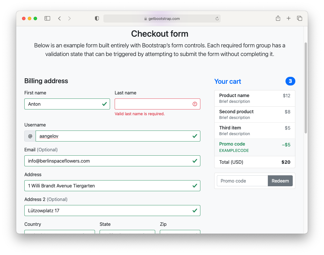 bootstrap example checkout form validation error