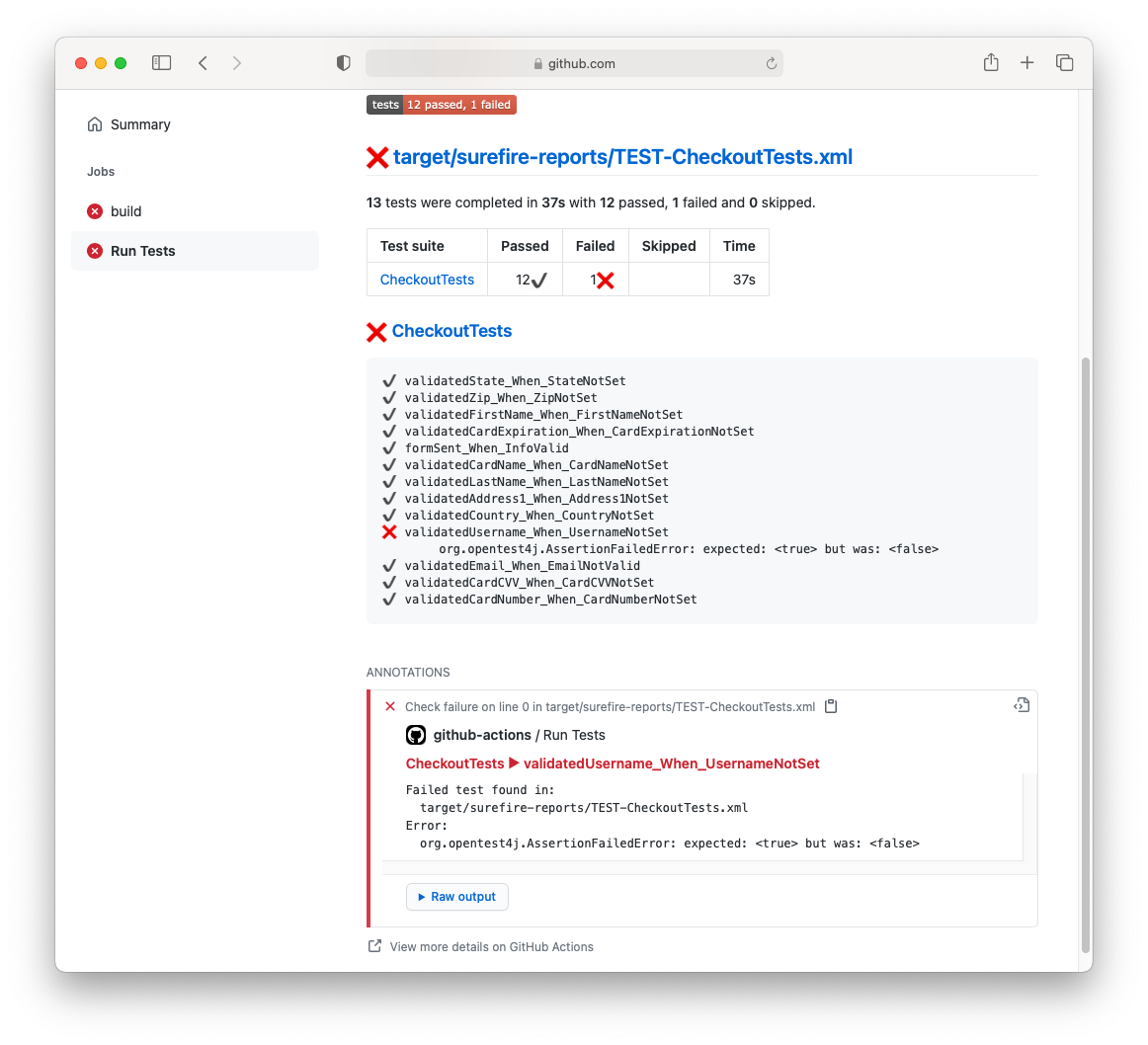test reporter github actions failed