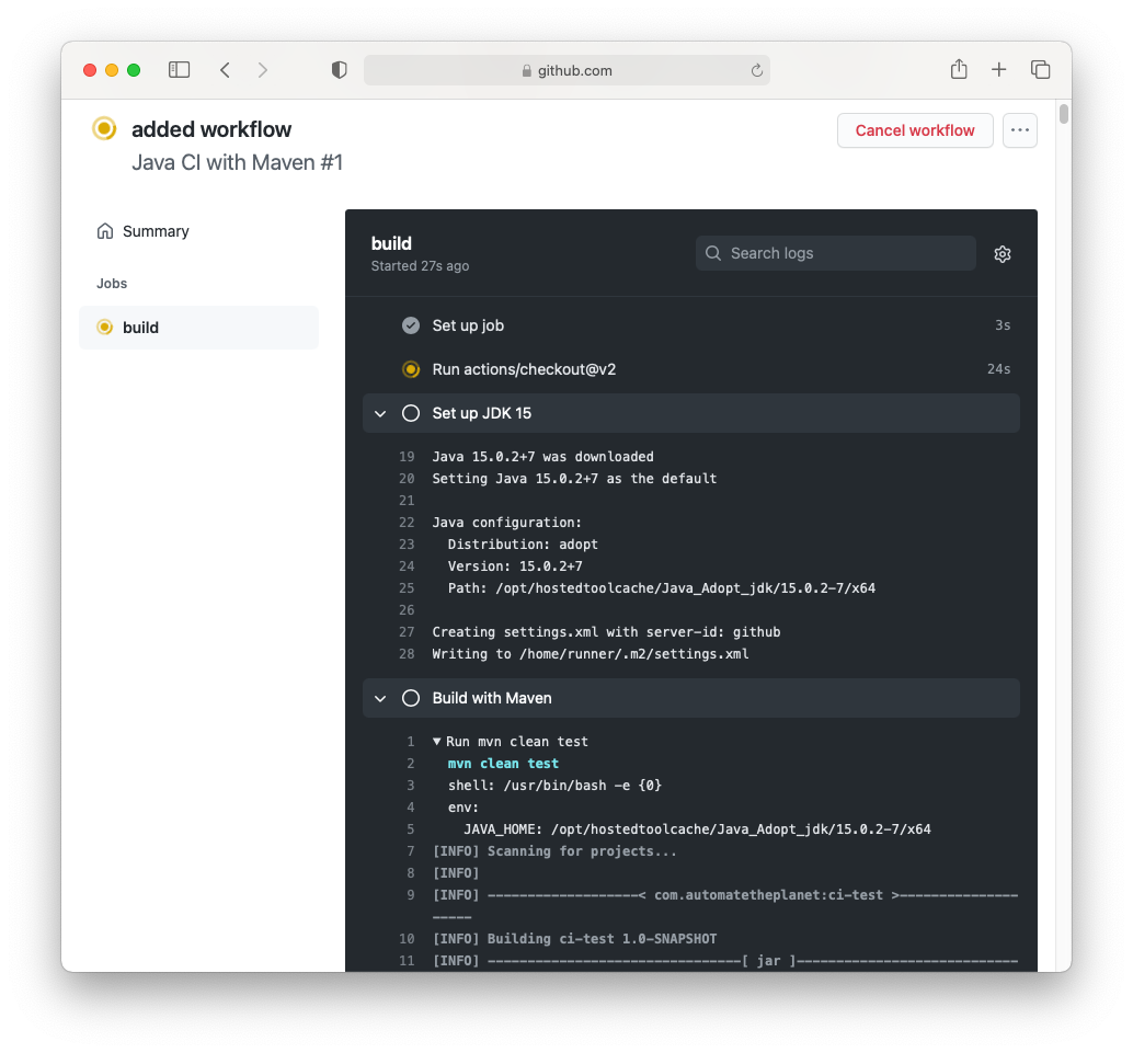 github actions live console output