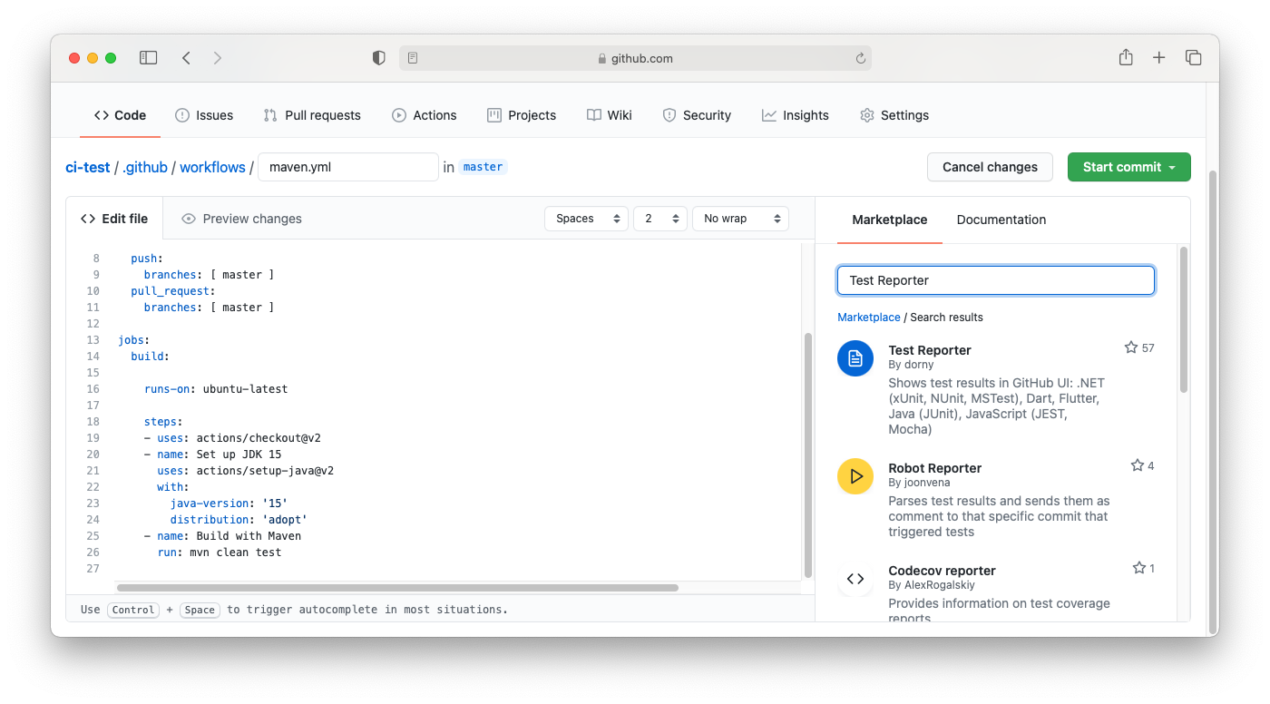 github actions test reporter
