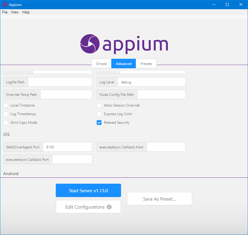 Appium Desktop Relaxed Security