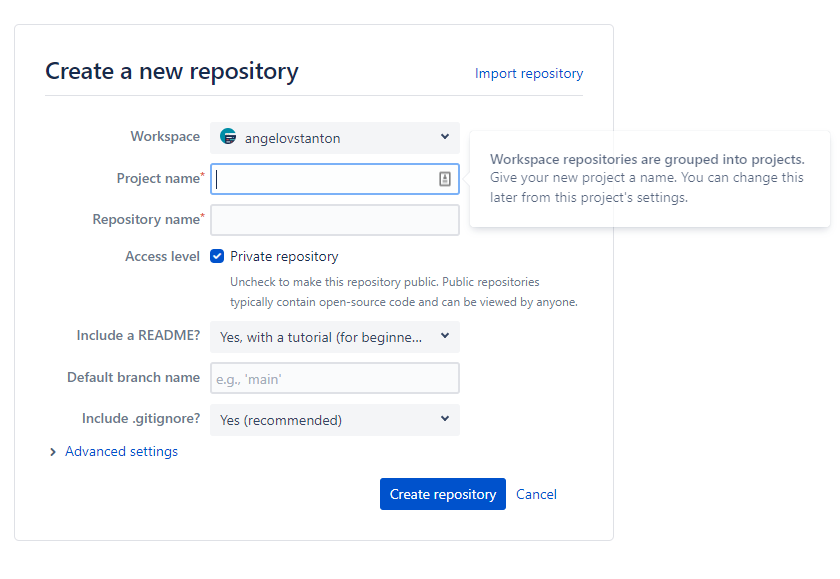 Create new Git Repository Bitbucket required information