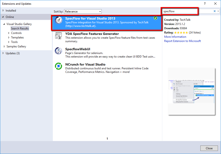 Install SpecFlow Extension Visual Studio