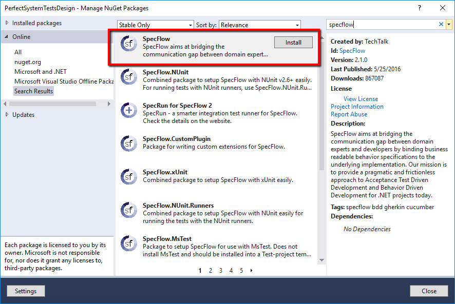 Install Specflow NuGet