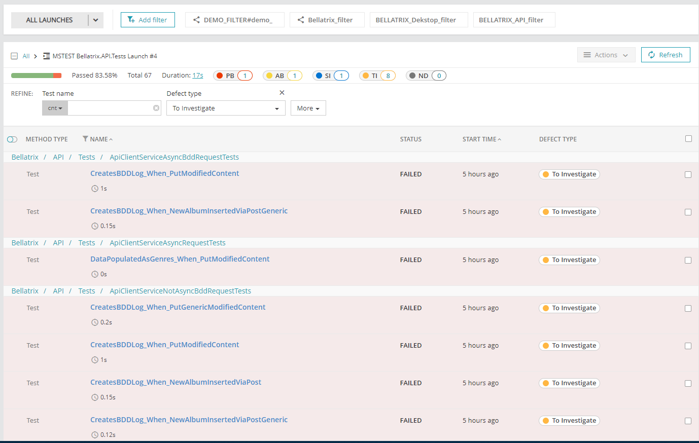 ReportPortal Filters