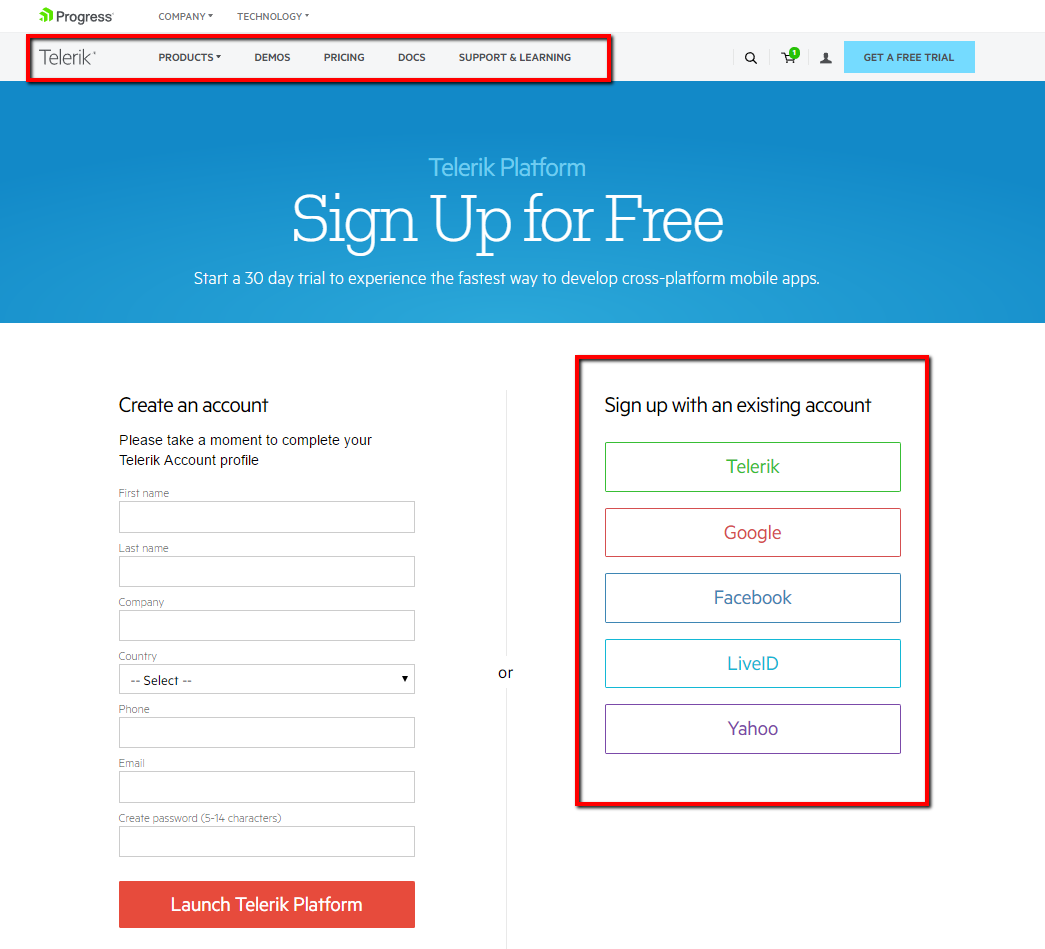 Telerik Platform Sign Up Page